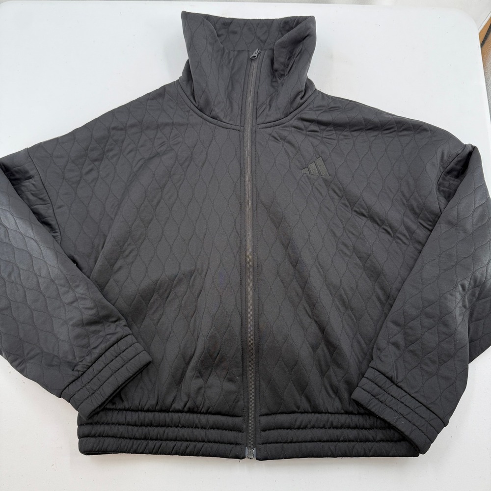 Adidas Quilted Jacket Womens Small Black Loose Fit Full Zip Casual High Neck